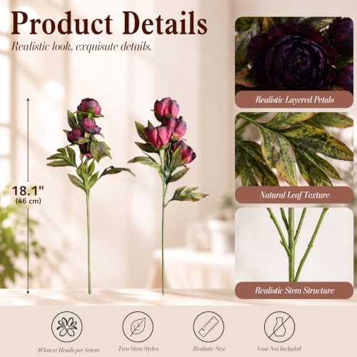 Faux Silk Peony Artificial Flowers Stems for Vase 12Pc Fall Autumn, alternate view 3