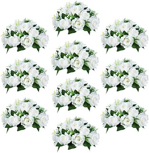 Faux Silk Roses Artificial Flower Centrepieces, White, 10Pcs in White/Gold/Grey