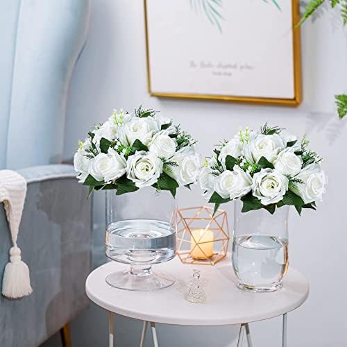 Faux Silk Roses Artificial Flower Centrepieces, White, 10Pcs in White/Gold/Grey, alternate view 4