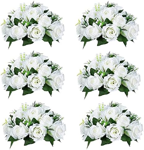 Faux Silk Roses Artificial Flower Centrepieces, White, 6Pcs in White/Gold/Grey