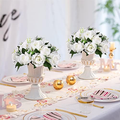 Faux Silk Roses Artificial Flower Centrepieces, White, 6Pcs in White/Gold/Grey, alternate view 2