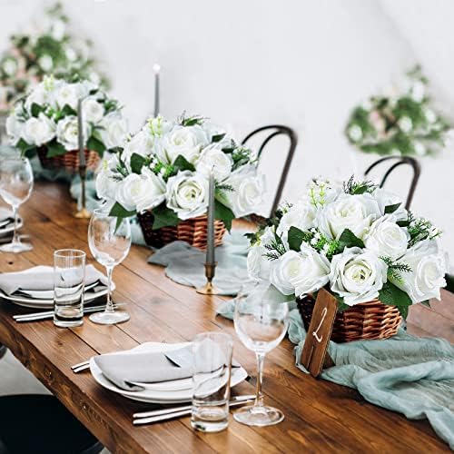 Faux Silk Roses Artificial Flower Centrepieces, White, 6Pcs in White/Gold/Grey, alternate view 5