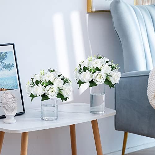 Faux Silk Roses Artificial Flower Centrepieces, White, 6Pcs in White/Gold/Grey, alternate view 6