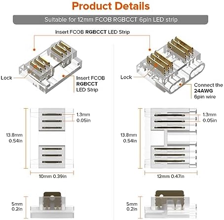 FCOB 6Pin 12mm 0.47in Transparent Connector Kit 30pcs Strip to Wire 30pcs Gapless Solderless Connectors 10pcs, alternate view