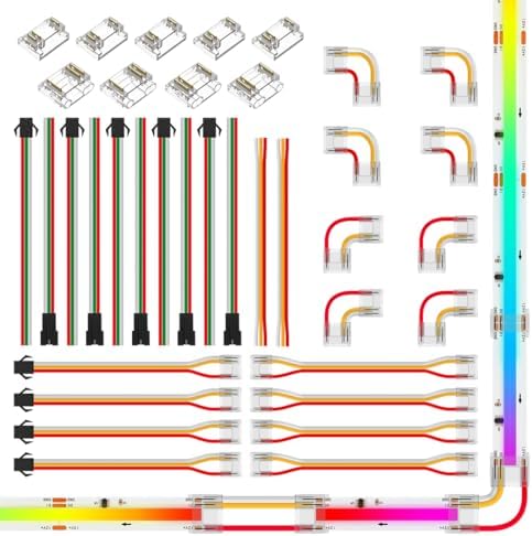 FCOB COB 12mm 3Pin Connector Kit, L-Shaped, Dual-End with Wire, Strip to JST,3PIN JST, Wire to Strip, Gapless