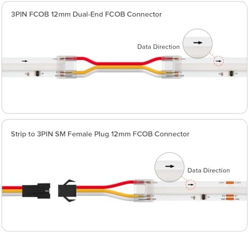 FCOB COB 12mm 3Pin Connector Kit, L-Shaped, Dual-End with Wire, Strip to JST,3PIN JST, Wire to Strip, Gapless, alternate view