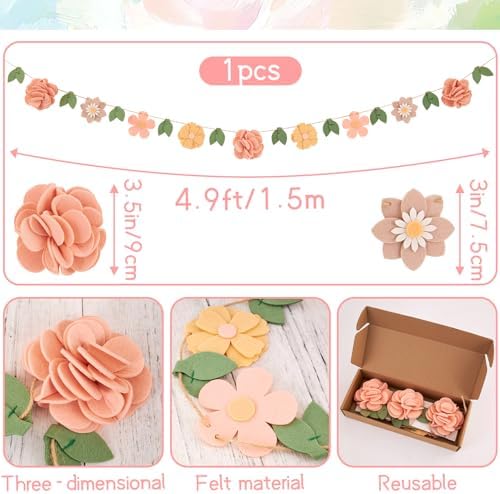 Felt Flower Garland, Flower Party Decorations, Pre-Strung Spring Garden Decorations for Girls Women Mom, Floral, alternate