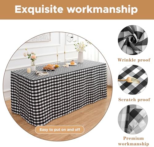 Fitted Checkered Tablecloths for 6 Foot Tables - White and Black - 2 Pack in 6FT|2 Pack in White and Black, alternate view 3