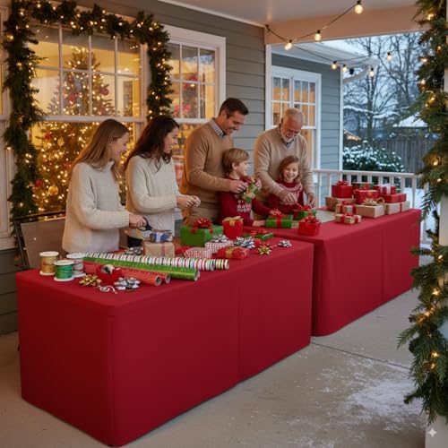 Fitted Table Cloths For 8 Foot Rectangle Tables, Vendor Booth 2 Pack Red in 8FT|2 Pack in Red, alternate view 5