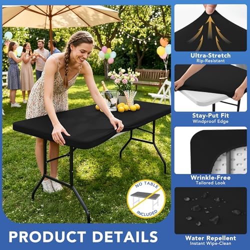 Fitted Tablecloth for 6 Foot Rectangle Tables-Black Picnic Table Covers, alternate view 2