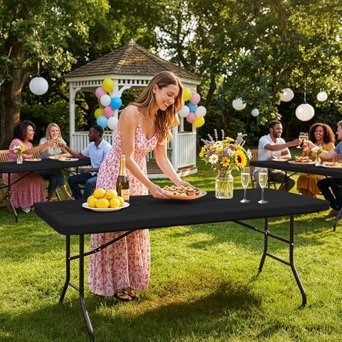 Fitted Tablecloth for 8 Foot Rectangle Tables-Black Picnic Table Covers, alternate view 7