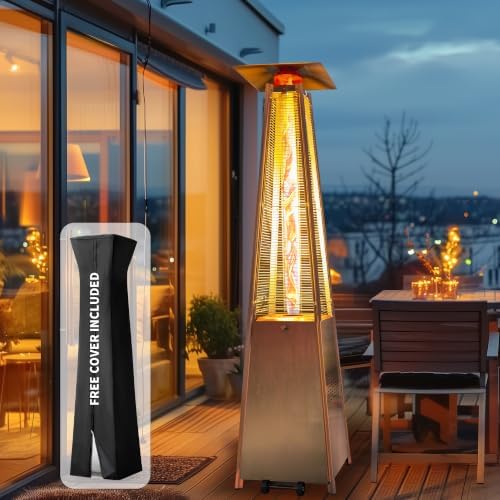 Flame Pyramid Pool Heater, Stainless Steel Triple Safety Protection Patio Heater with Patio Cover, Warm Glass