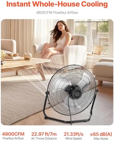 Floor Fan, 3 Speeds High Velocity Heavy Duty 20 Inch Industrial Fan, 4800 CFM 360° Adjustable Tilt 21.33 ft/sec, alternate