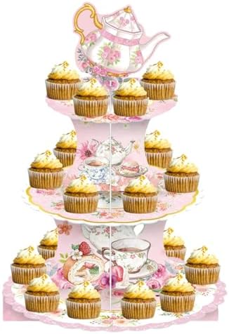 Floral 3-Tier Thick Cardboard Cupcake Stand Tea Party Birthday Decor in Pink a, alternate view 3