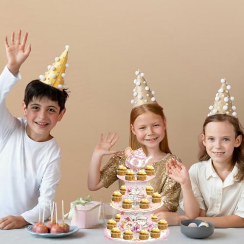 Floral 3-Tier Thick Cardboard Cupcake Stand Tea Party Birthday Decor in Pink a, alternate view 5