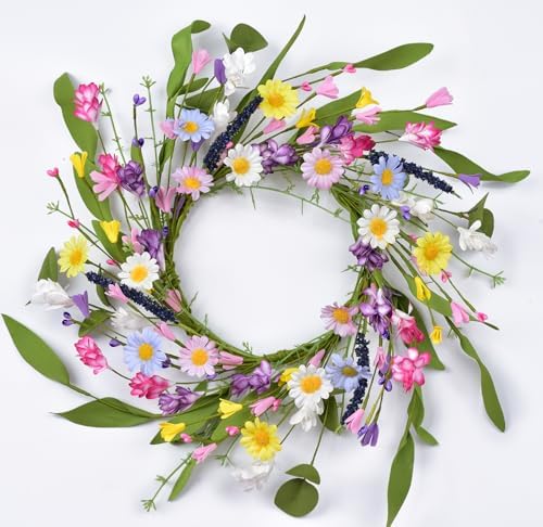 Floral Wreath with Daisy Wildflower Eucalyptus Leave and Berries Spring Summer Wreath for Front Door Wall