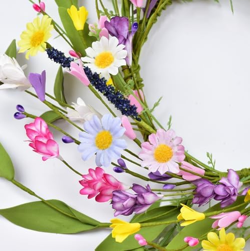 Floral Wreath with Daisy Wildflower Eucalyptus Leave and Berries Spring Summer Wreath for Front Door Wall, alternate view 2