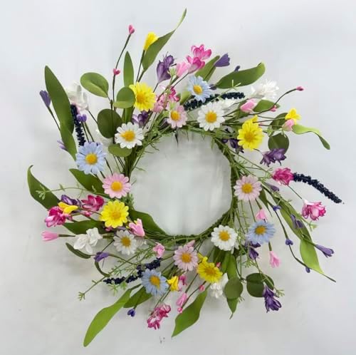 Floral Wreath with Daisy Wildflower Eucalyptus Leave and Berries Spring Summer Wreath for Front Door Wall, alternate view 3