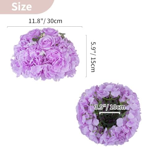 Flower Ball Arrangement Bouquet: 10 Pcs 11.8 inch Diameter Light Purple Rose Fake Flowers Balls for Wedding, alternate view 3