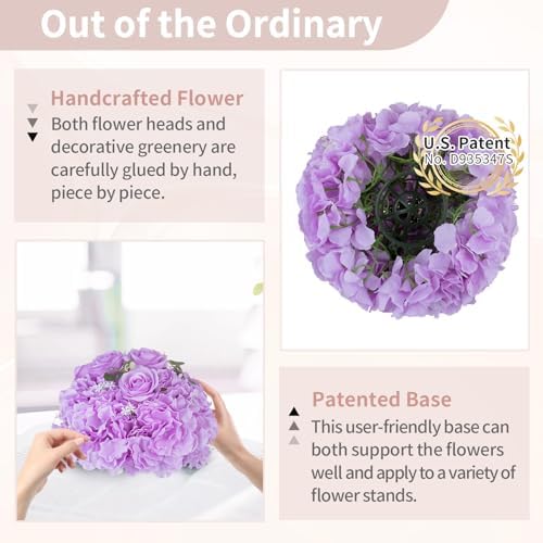 Flower Ball Arrangement Bouquet: 10 Pcs 11.8 inch Diameter Light Purple Rose Fake Flowers Balls for Wedding, alternate view 6