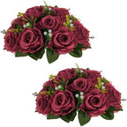 Flower Ball Arrangement Bouquet - 2 Pcs 9.5 inch Diameter Crimson Fake Flowers Roses Balls for Centerpieces
