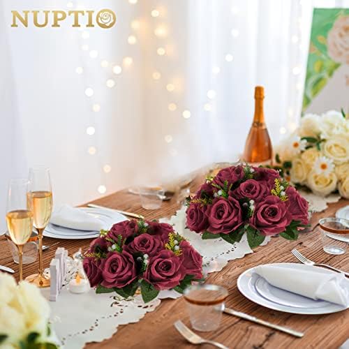 Flower Ball Arrangement Bouquet - 2 Pcs 9.5 inch Diameter Crimson Fake Flowers Roses Balls for Centerpieces, alternate view 2