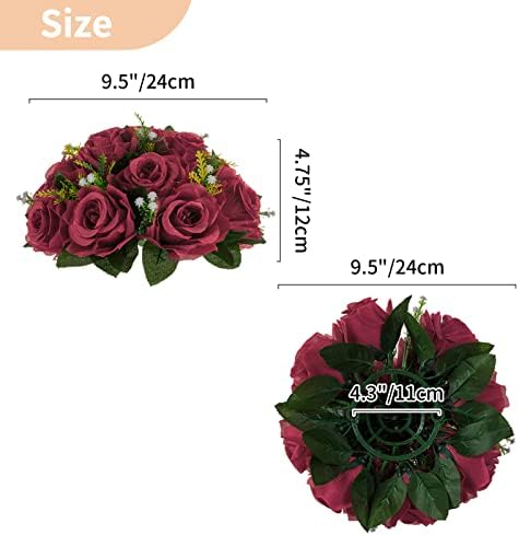 Flower Ball Arrangement Bouquet - 2 Pcs 9.5 inch Diameter Crimson Fake Flowers Roses Balls for Centerpieces, alternate view 3