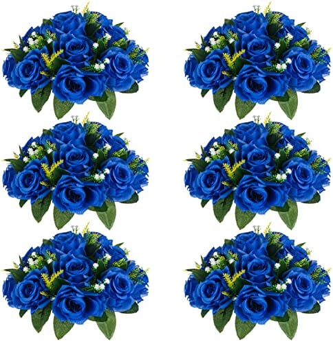 Flower Ball Arrangement Bouquet - 6 Pcs 9.5 inch Diameter Royal Blue Fake Flowers Roses Balls for Centerpieces