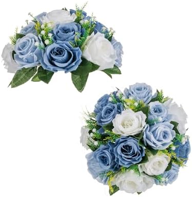 Flower Ball Centerpieces for Table 2 Pcs Fake Rose Centerpiece Flowers Dusty Blue Artificial Silk Floral
