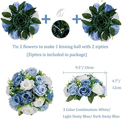 Flower Ball Centerpieces for Table 2 Pcs Fake Rose Centerpiece Flowers Dusty Blue Artificial Silk Floral, alternate view 4