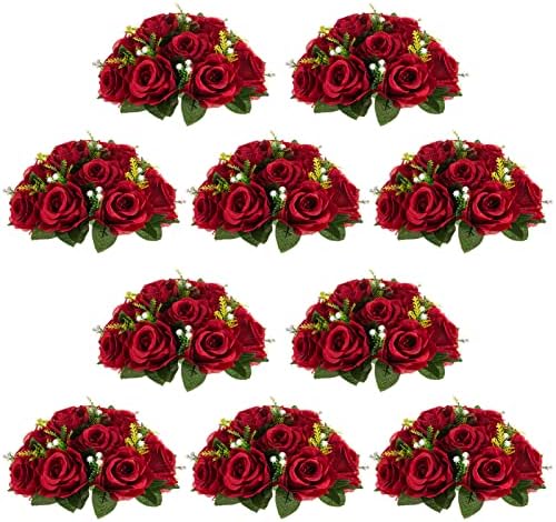 Flower Ball for Wedding Table Centerpieces, 10 Pcs Artificial Roses in Crimson
