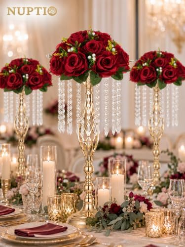 Flower Ball for Wedding Table Centerpieces, 10 Pcs Artificial Roses in Crimson, alternate view 2