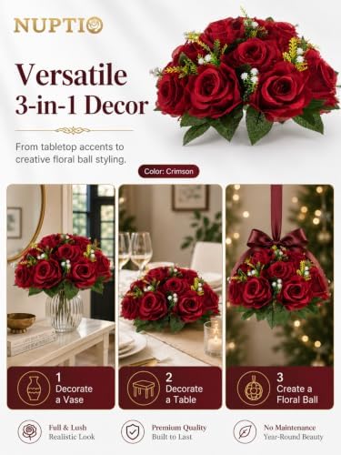 Flower Ball for Wedding Table Centerpieces, 2 Pcs Artificial Roses in Crimson, alternate view 4