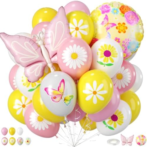 Flower Balloons, Pink Yellow Daisy Balloon with Butterfly Foil Balloon