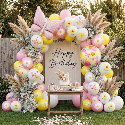 Flower Balloons, Pink Yellow Daisy Balloon with Butterfly Foil Balloon, alternate view 2