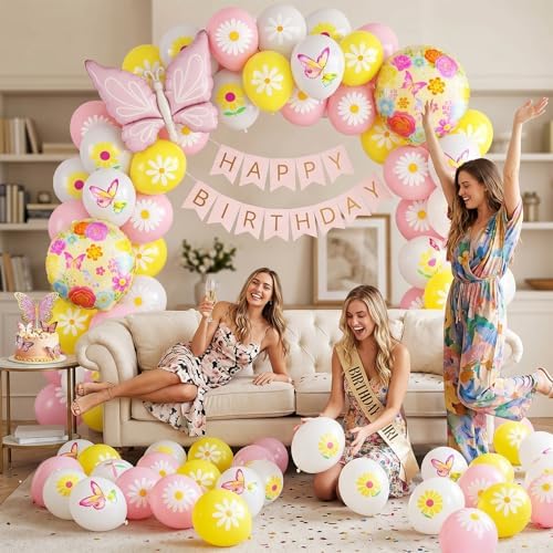 Flower Balloons, Pink Yellow Daisy Balloon with Butterfly Foil Balloon, alternate view 5