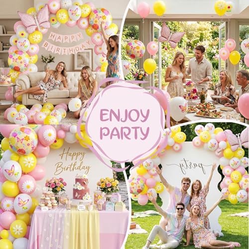 Flower Balloons, Pink Yellow Daisy Balloon with Butterfly Foil Balloon, alternate view 7