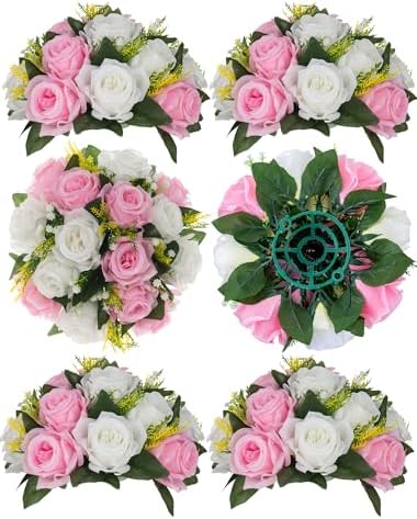 Flower Balls Centerpieces for Table: 6 Pcs Pink White Faux Roses in 9.5"x4.75" in Pink & White
