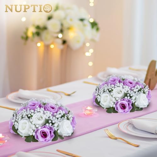 Flower Balls for Table Centerpieces: Purple & White Artificial Rose in Lilac, alternate view 4