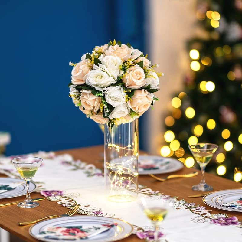 Flower Balls Table Rose Centerpieces: 2 Pcs Fake Flowers Champagne White in 5.9’’(H) in Peach Champagne & White, alternate