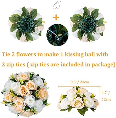 Flower Balls Table Rose Centerpieces: 2 Pcs Fake Flowers Champagne White in 5.9’’(H) in Peach Champagne & White, alternate