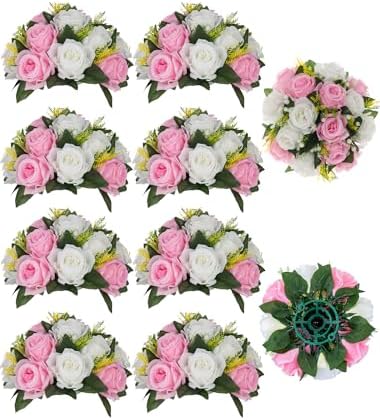 Flower Balls Wedding Centerpieces: 10 Pcs Pink White Fake Roses in 9.5"x4.75" in Pink & White