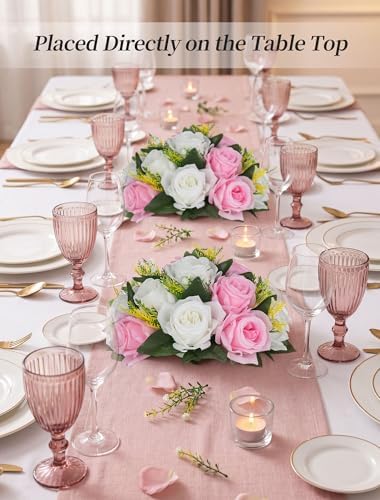 Flower Balls Wedding Centerpieces: 10 Pcs Pink White Fake Roses in 9.5"x4.75" in Pink & White, alternate view 3