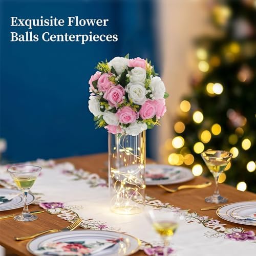 Flower Balls Wedding Centerpieces: 10 Pcs Pink White Fake Roses in 9.5"x4.75" in Pink & White, alternate view 4