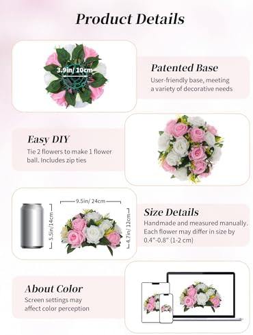 Flower Balls Wedding Centerpieces: 10 Pcs Pink White Fake Roses in 9.5"x4.75" in Pink & White, alternate view 6