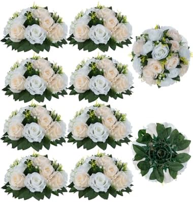 Flower Balls Wedding Rose Centerpieces: 10pcs Fake Flowers Decor for Table in 5.9’’(H) in Peach Champagne &