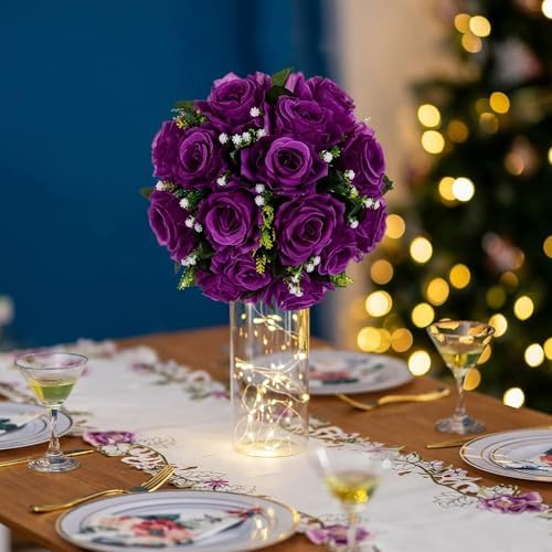 Flower Balls Wedding Rose Centerpieces 6 Pcs Purple Fake Flowers with Base Kissing Balls Decor Artificial Floral, alternate