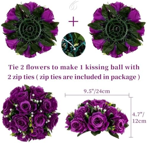 Flower Balls Wedding Rose Centerpieces 6 Pcs Purple Fake Flowers with Base Kissing Balls Decor Artificial Floral, alternate