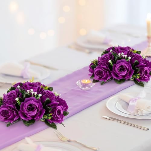 Flower Balls Wedding Rose Centerpieces 6 Pcs Purple Fake Flowers with Base Kissing Balls Decor Artificial Floral, alternate