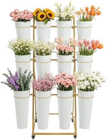 Flower Bar Stand with 12 Buckets, 3 Layers Metal Flower Cart Dispaly Stand